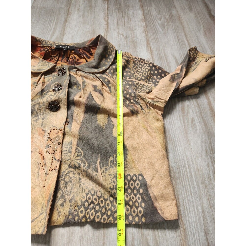 B.L.E.U Tan Green Suede Crop Jacket Rhinestones Abstract Art Lined Sz L GUC - Picture 8 of 13